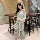 Set: Spaghetti-strap Print A-line Dress + Short Sleeve Cropped Lace Top