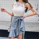 Tie-waist Asymmetric-hem Ruffled Skirt
