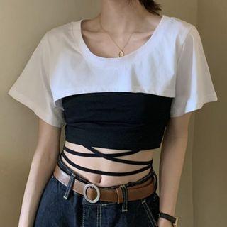Set: Short-sleeve Crop Top + Strappy Camisole Top Set Of 2 - Top & Camisole Top - White & Black - One Size