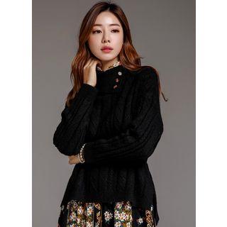 Buttoned Turtle-neck Cable-knit Sweater