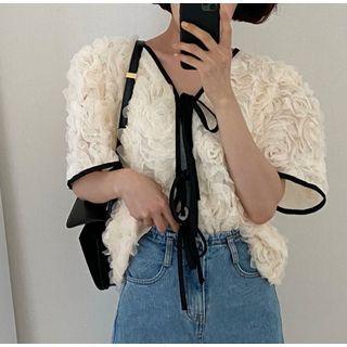 Short-sleeve Contrast Trim Drawstring Top