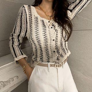 Striped Crochet-knit Cardigan Light Beige - One Size