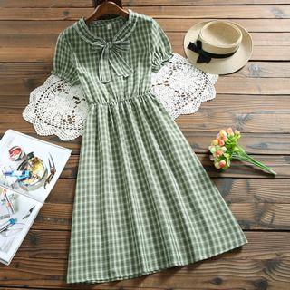 Short-sleeve Plaid Ribbon A-line Midi Dress