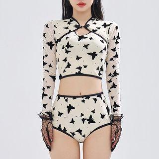 Set: Long-sleeve Butterfly Print Swim Top + Bottom + Swim Skirt