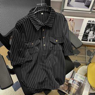 Short-sleeve Striped Shirt / Straight Leg Pants