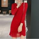 3/4-sleeve Glitter Mesh Mini Dress