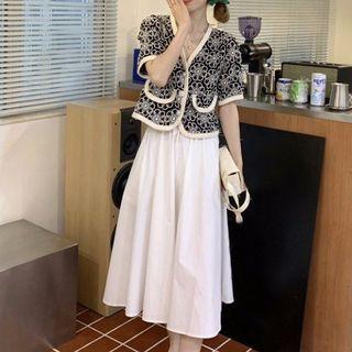 Short-sleeve Floral Embroidered Button-up Jacket / Midi Skirt