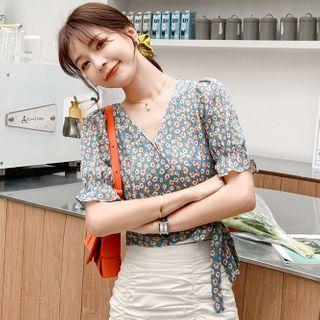 Floral Print Bell-sleeve Wrap Blouse