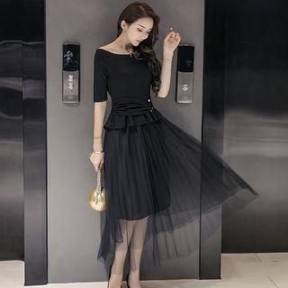 Set: Off Shoulder Elbow Sleeve Peplum Top + Midi Tulle Skirt