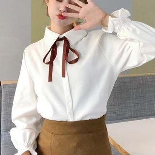 Tie-neck Bell-sleeve Striped Shirt