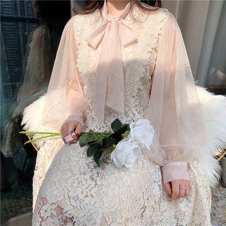 Tie-neck Long-sleeve A-line Lace Dress