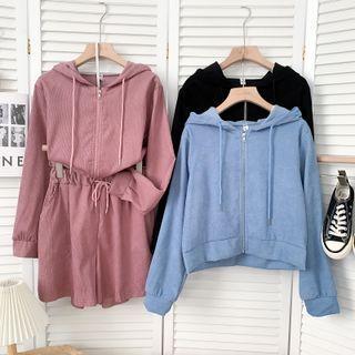 Set: Hooded Jacket + Drawcord Wide-leg Shorts