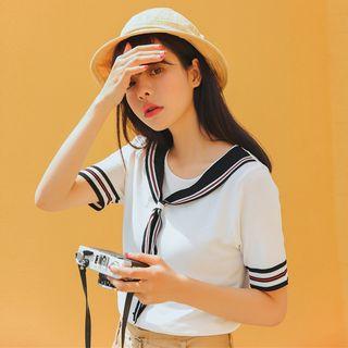 Striped Sailor Collar Short Sleeve T-shirt