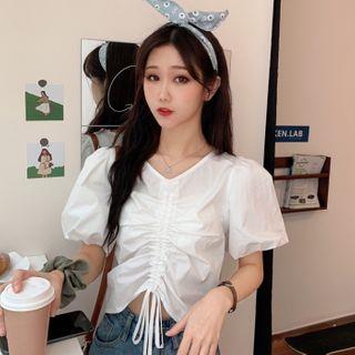 Drawstring V-neck Puff Sleeve Blouse