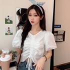 Drawstring V-neck Puff Sleeve Blouse