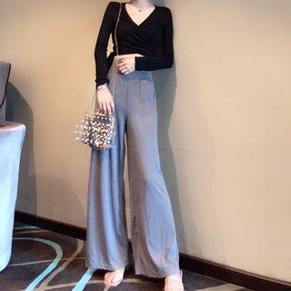 Long-sleeve Wrap Crop Top / Plain Wide Leg Pants
