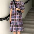 Plaid Short-sleeve Midi A-line Dress Plaid - Purple - One Size