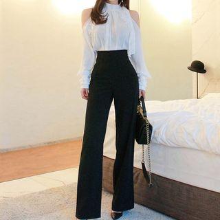 Set: Long-sleeve Cold-shoulder Top + Wide-leg Pants