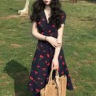 Short-sleeve Cherry Print Midi A-line Wrap Dress