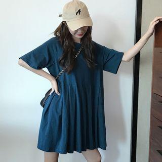 Short-sleeve Pleated Mini T-shirt Dress Bluish Green - One Size