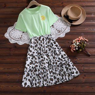 Mock Two-piece Short-sleeve Floral Print Knit Dress