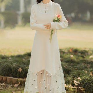 Frog-button Mesh Panel Midi A-line Dress