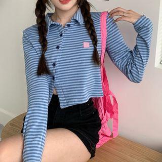 Long-sleeve Asymmetrical Striped Polo Shirt