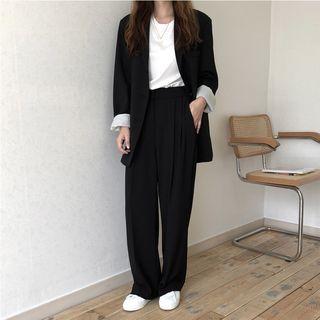 Set: Plain Single-breasted Blazer + Wide-leg Pants