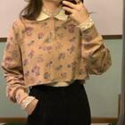 Long-sleeve Mock-neck Lace-top / Floral-print Polo Shirt