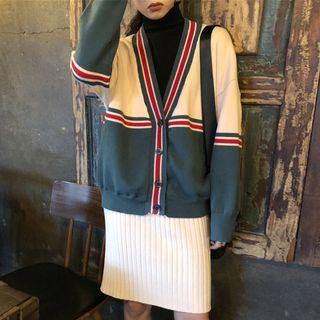 Rib-knit Pencil Skirt/ Color Block Button Cardigan
