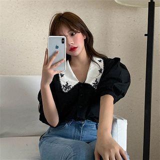 Peter-pan Collar Puff-sleeve Top / High-waist Shorts