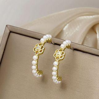 Flower Rhinestone Faux Pearl Open Hoop Earring E2978 - 1 Pair - Gold & White - One Size