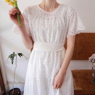 Flutter-sleeve Perforated Dress With Slipdress