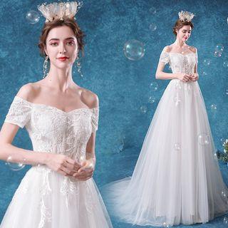 Off-shoulder Short-sleeve A-line Wedding Dress