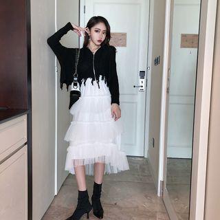 Fringed Cropped Zip Cardigan / Tiered Midi Mesh Skirt