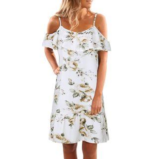 Cutout-shoulder Floral Strap Dress