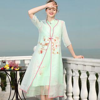 Elbow-sleeve Floral Print Light Coat