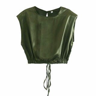 Sleeveless Padded-shoulder Satin Crop Top