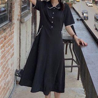 Short-sleeve Collared A-line Midi Dress Black - One Size