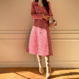Belted Double-breasted Gingham A-line Coat Red - One Size