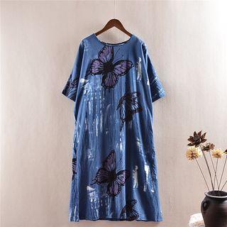 Elbow-sleeve Butterfly Print A-line Midi Dress