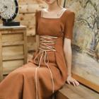 Square-neck Lace-up Plain A-line Long Dress