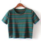 Short-sleeve Cropped Striped Knit Top