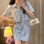 Set: Short-sleeve Floral Denim Jacket + Mini Pencil Skirt