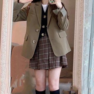 Long-sleeve Plain Blazer / Knit Cardigan / Plaid A-line Mini Skirt