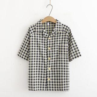 Elbow-sleeve Plaid Shirt Gingham - Black & White - One Size