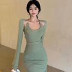 Set: Halter Neck Camisole Top + Midi Pencil Skirt + Cardigan Set Of 3 - Camisole Top & Skirt & Cardigan - Green - One Size