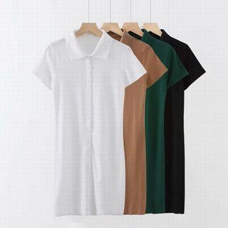 Plain Knit Short-sleeve Collared Dress