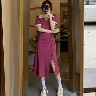 Contrast Collar Slit Midi A-line Polo Dress