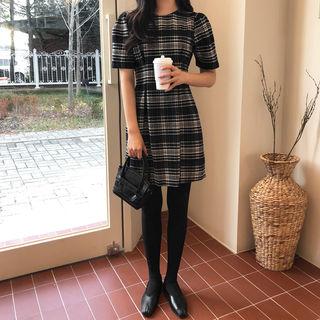 Round-neck Puff-sleeve Checked Dress